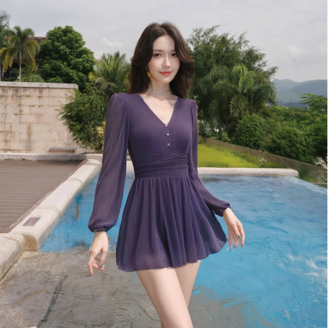 Agliondy【紫鸢情愫】显瘦连体泳衣遮肚保守设计温泉极简风遮肉泳衣