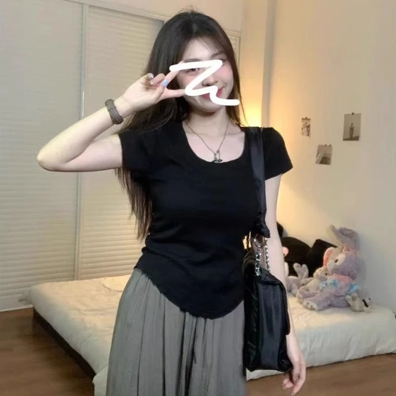 夏季短款弧形打底衫方领短袖T恤女辣妹修身显瘦短款冰丝螺纹上衣