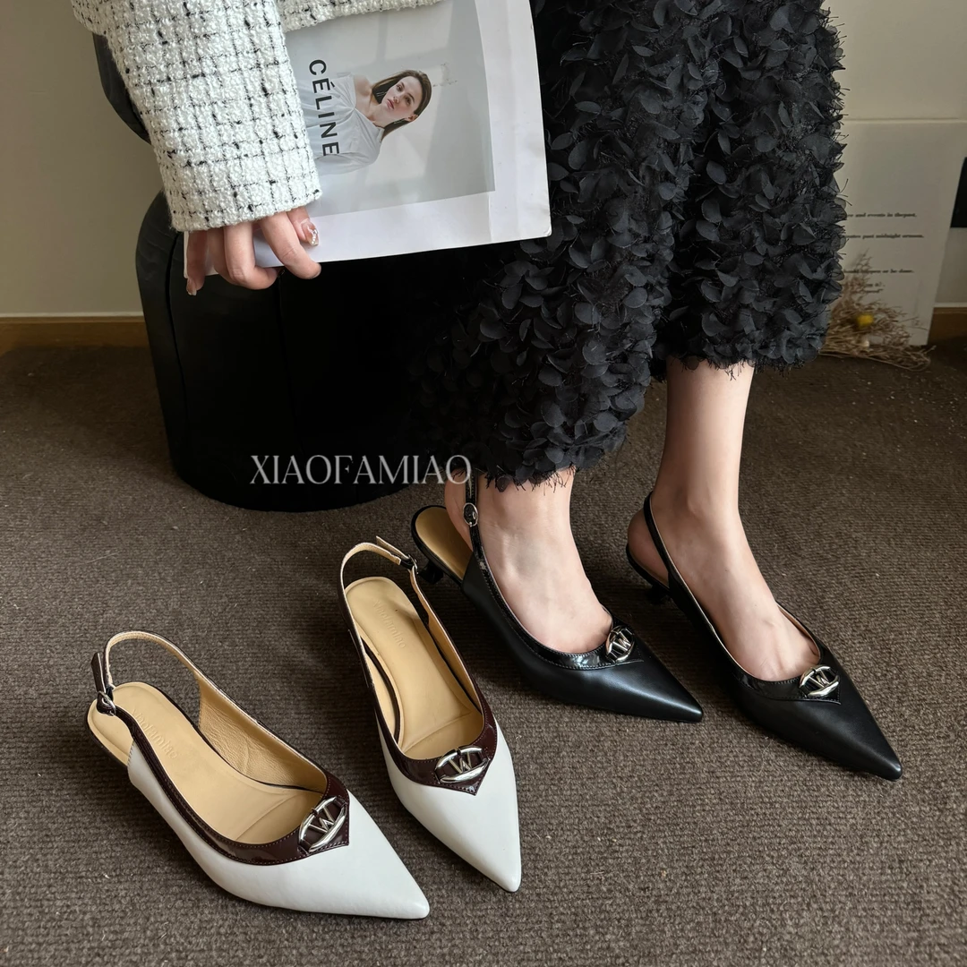 小发喵夏季复古尖头法式气质后半带浅口细跟高跟鞋