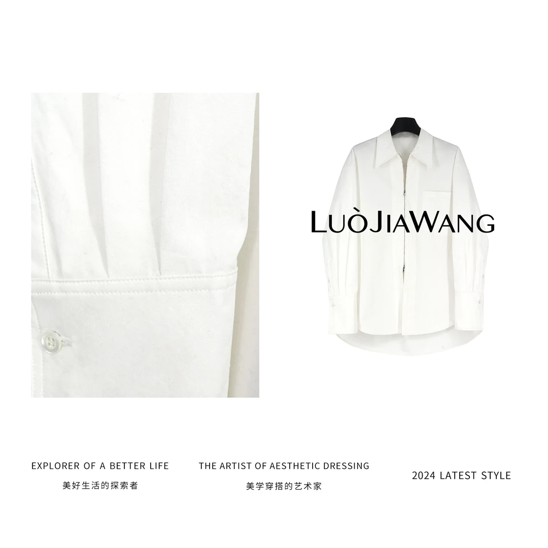 匹马棉时髦慵懒拉链设计感宽松白色衬衫LUOJIAWANG