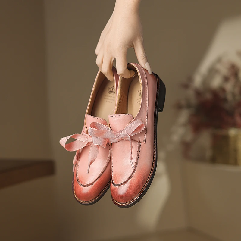 春季新款手工擦色复古做旧系带休闲气质软底英伦风乐福鞋