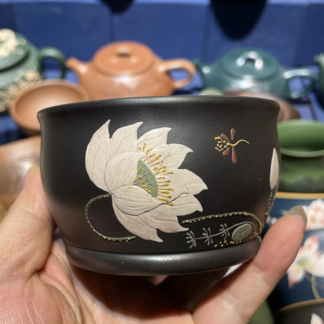 宜兴原矿紫砂石黄泥纯手工变色莲花主人杯荷花茶杯160毫升紫砂杯