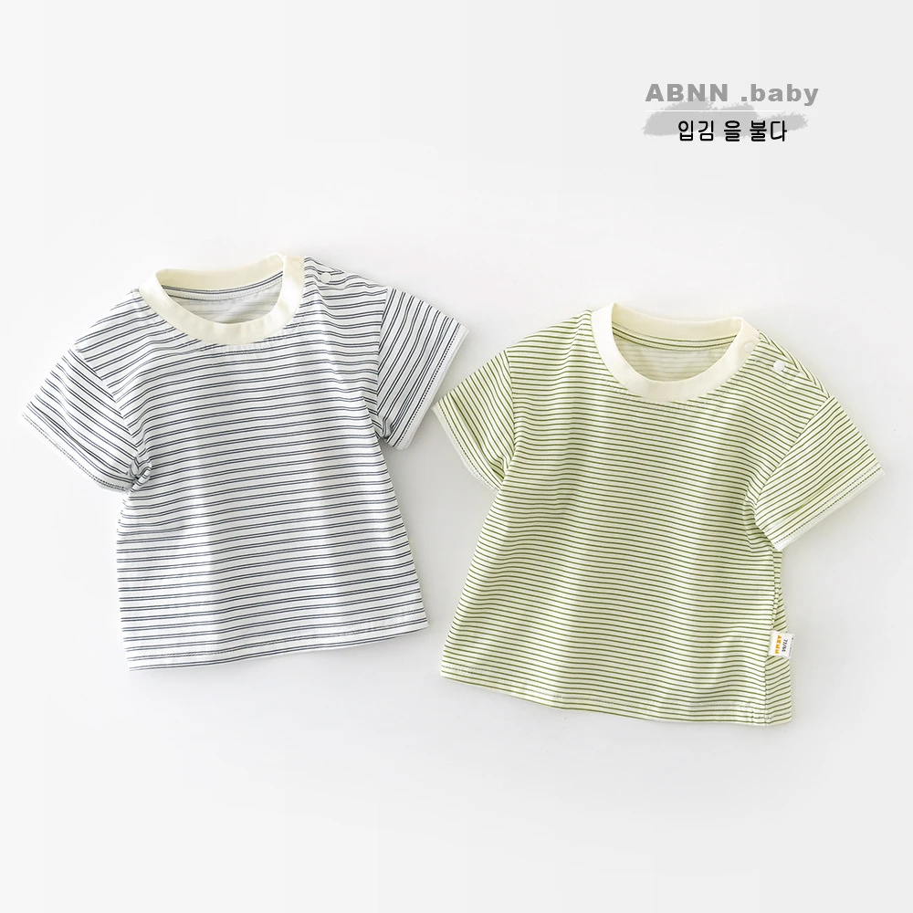 abnn夏季新款儿童条纹短袖T恤男女宝宝婴幼小童圆领开肩上衣