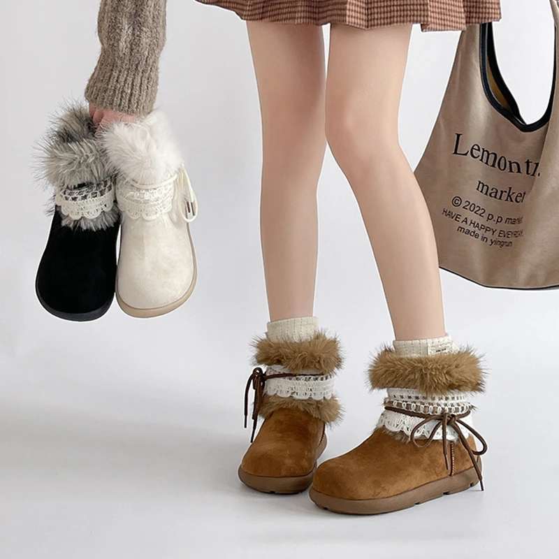 OJRZ时尚复古花边蝴蝶结加绒保暖雪地靴女2025冬新款圆头时装靴女