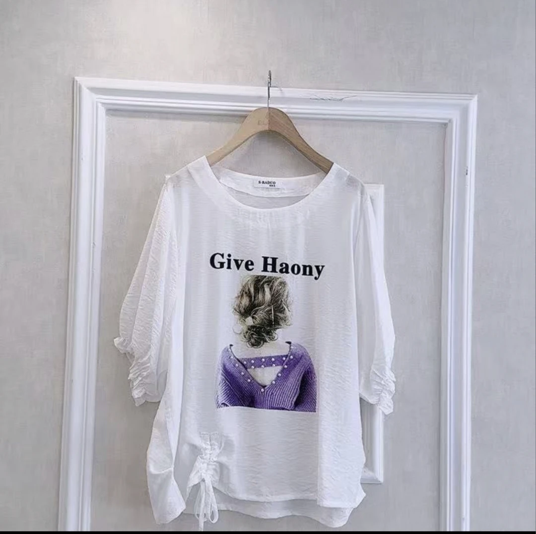 （紫衣背影美女图）8605泡泡袖下摆抽绳短袖大衫