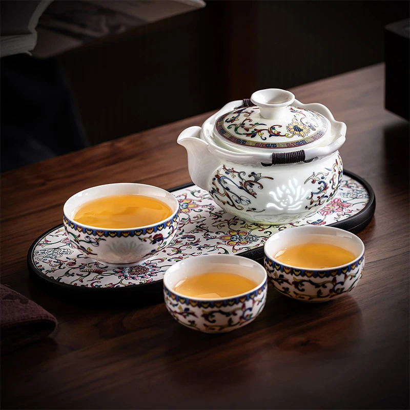 中式羊脂玉瓷珐琅彩大容量手抓壶家用泡茶专用茶具户外旅行茶器