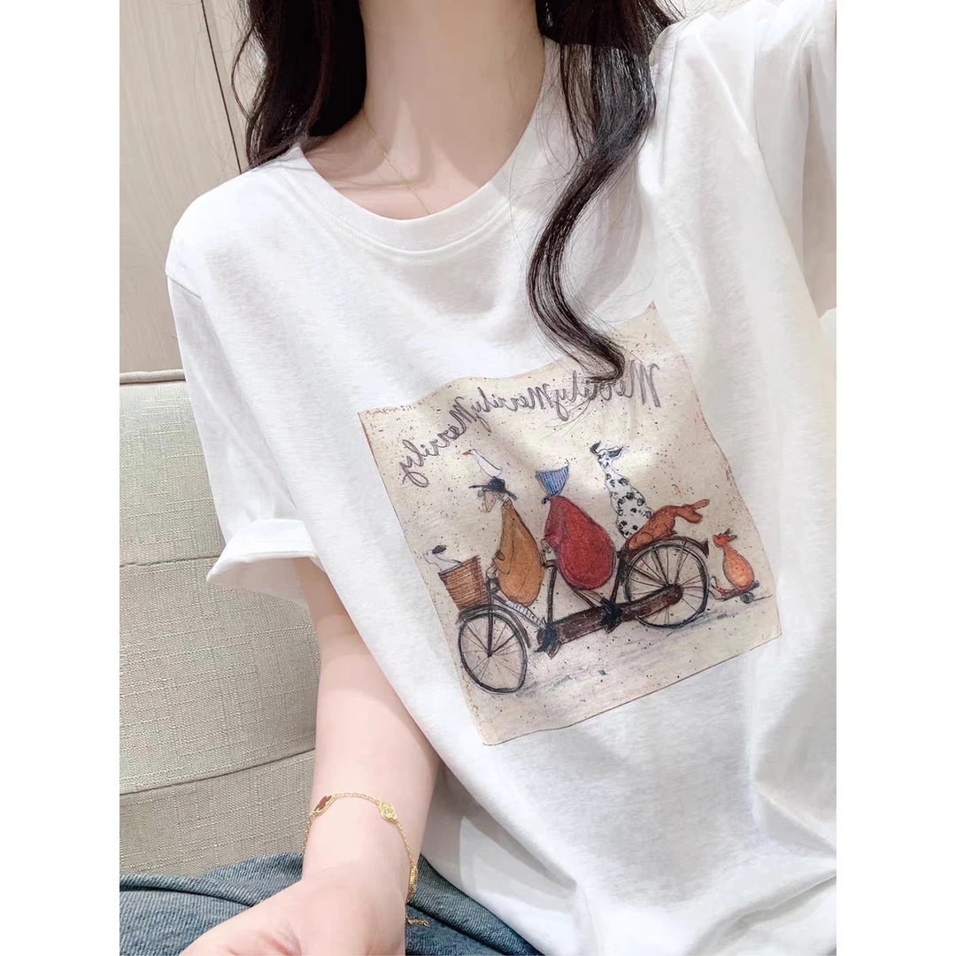 白色雪花棉圆领卡通印花减龄T恤女夏季正肩短袖显瘦薄款透气上衣