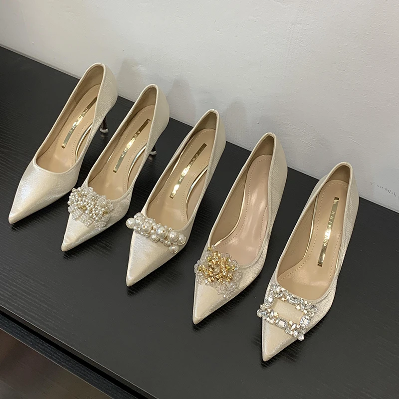 尖头水钻细跟伴娘高跟鞋女新款浅口百搭通勤单鞋女