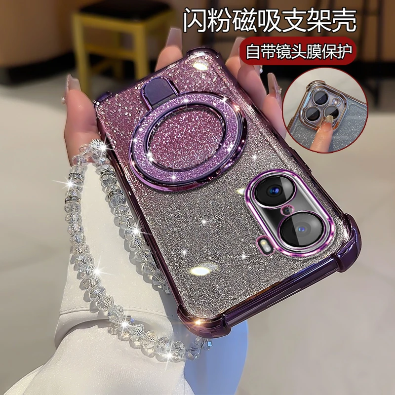 适用荣耀60pro曲屏手机壳女潮TNA-AN00闪粉支架HONOR60 PRO保护套