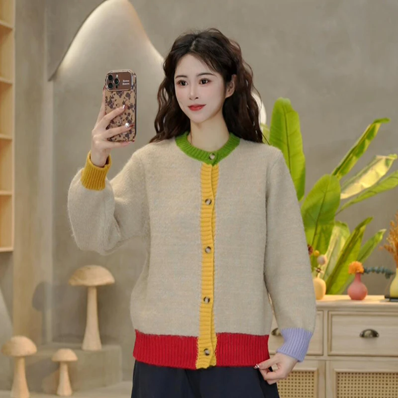 5158 冬季新新款复古撞色圆领毛衣开衫软糯百搭显瘦上衣