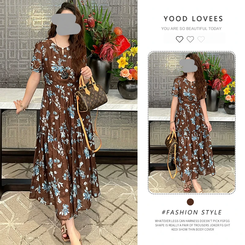 圆领复古短袖印花连衣裙女2025新款显瘦设计感法式老钱风气质长裙