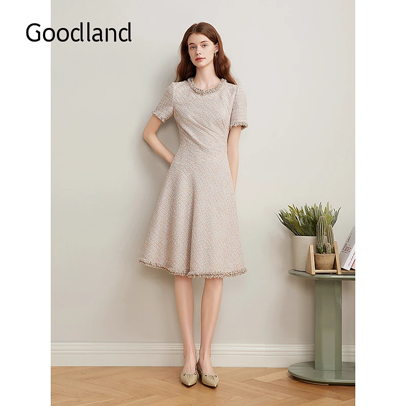 Goodland美地2025春季新款法式小香风亮丝毛边收腰A字裙连衣裙