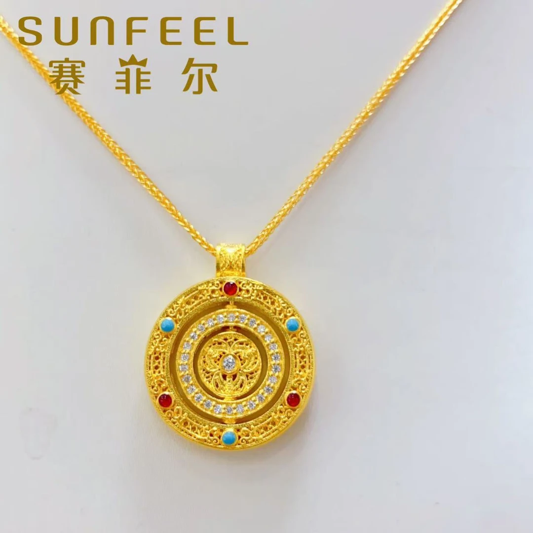 SUNFEEL/赛菲尔万足®足金时尚项链珐琅圆盘福字转动吊坠百搭送人