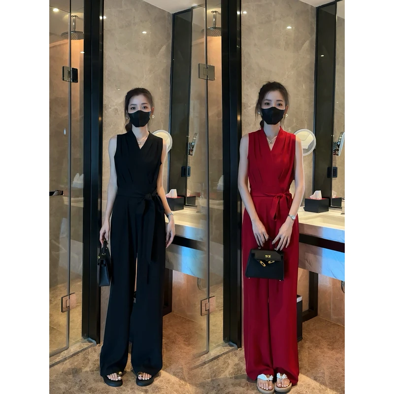 气质女人高级感无袖连体裤垂感收腰V领高腰修身显瘦阔腿裤夏季