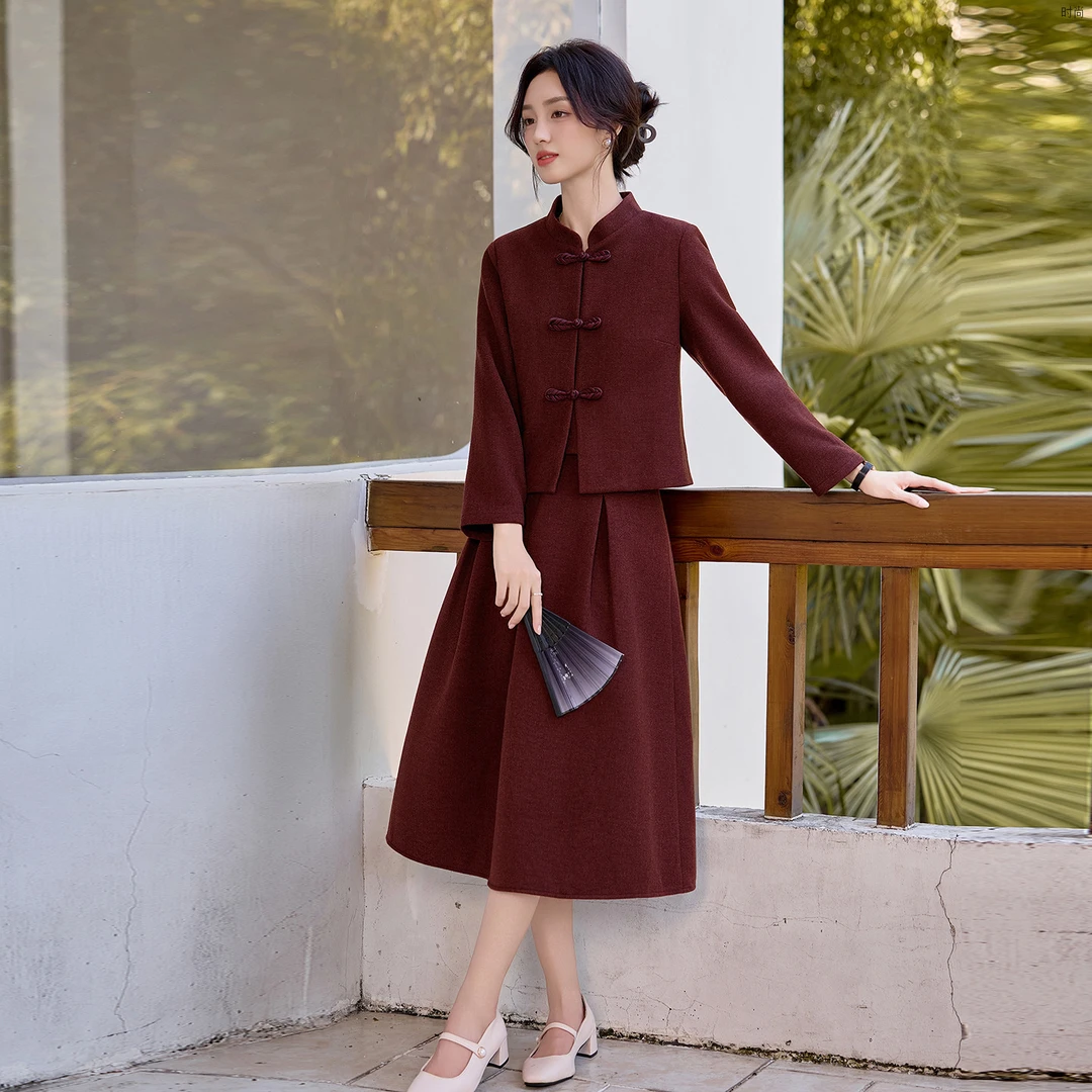 年冬季新款通勤风新中式显瘦高级感气质纯色拼接女士毛呢裙套装彰