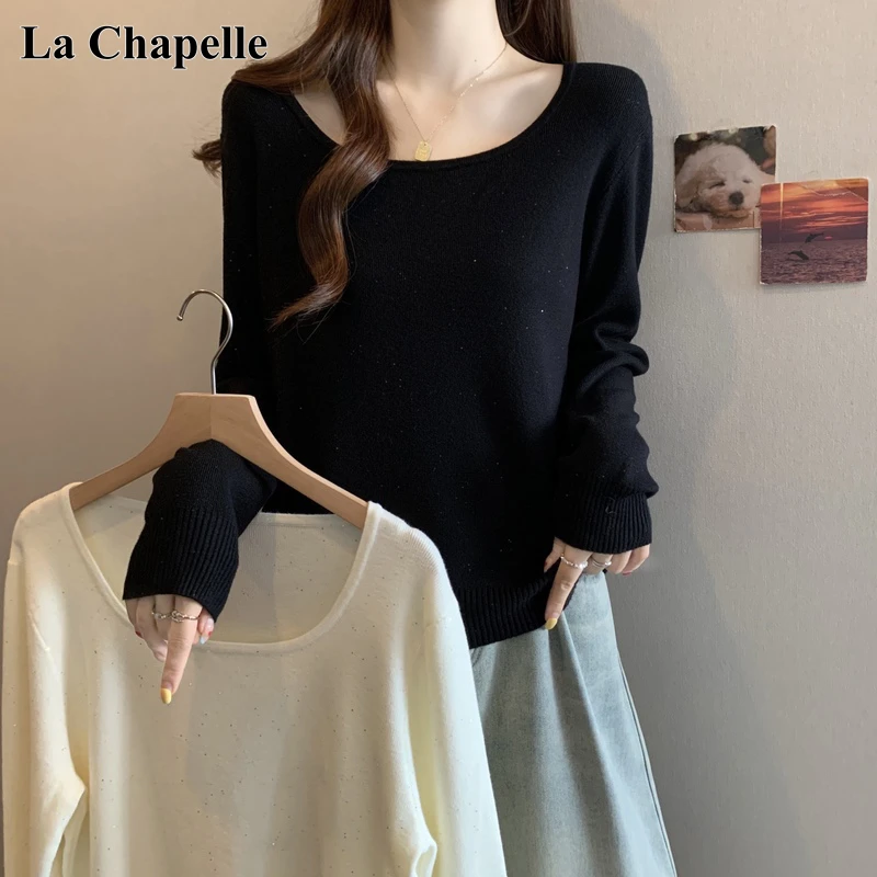 拉夏贝尔方领亮片钉钻针织衫女2025秋冬大码胖mm显瘦内搭打底上衣