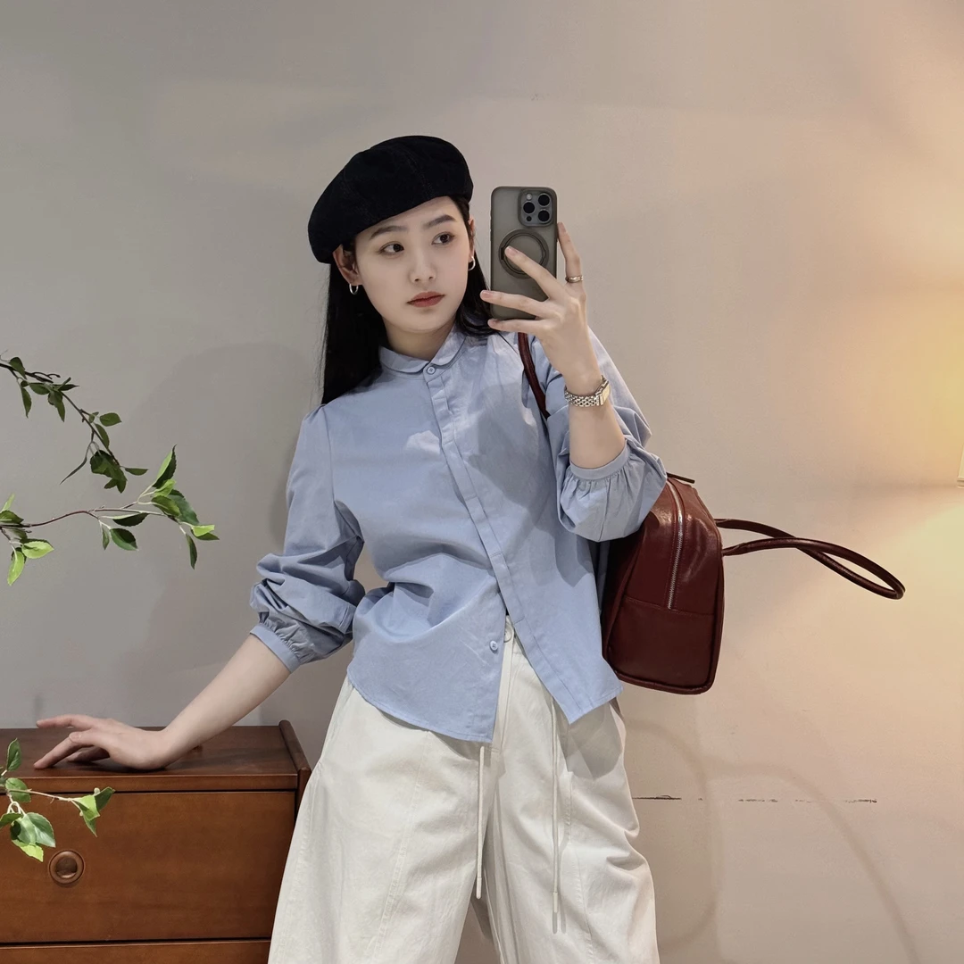 今婷【乖乖衬衫】韩版简约单排扣纯色小圆领灯笼袖衬衫-JH24401338