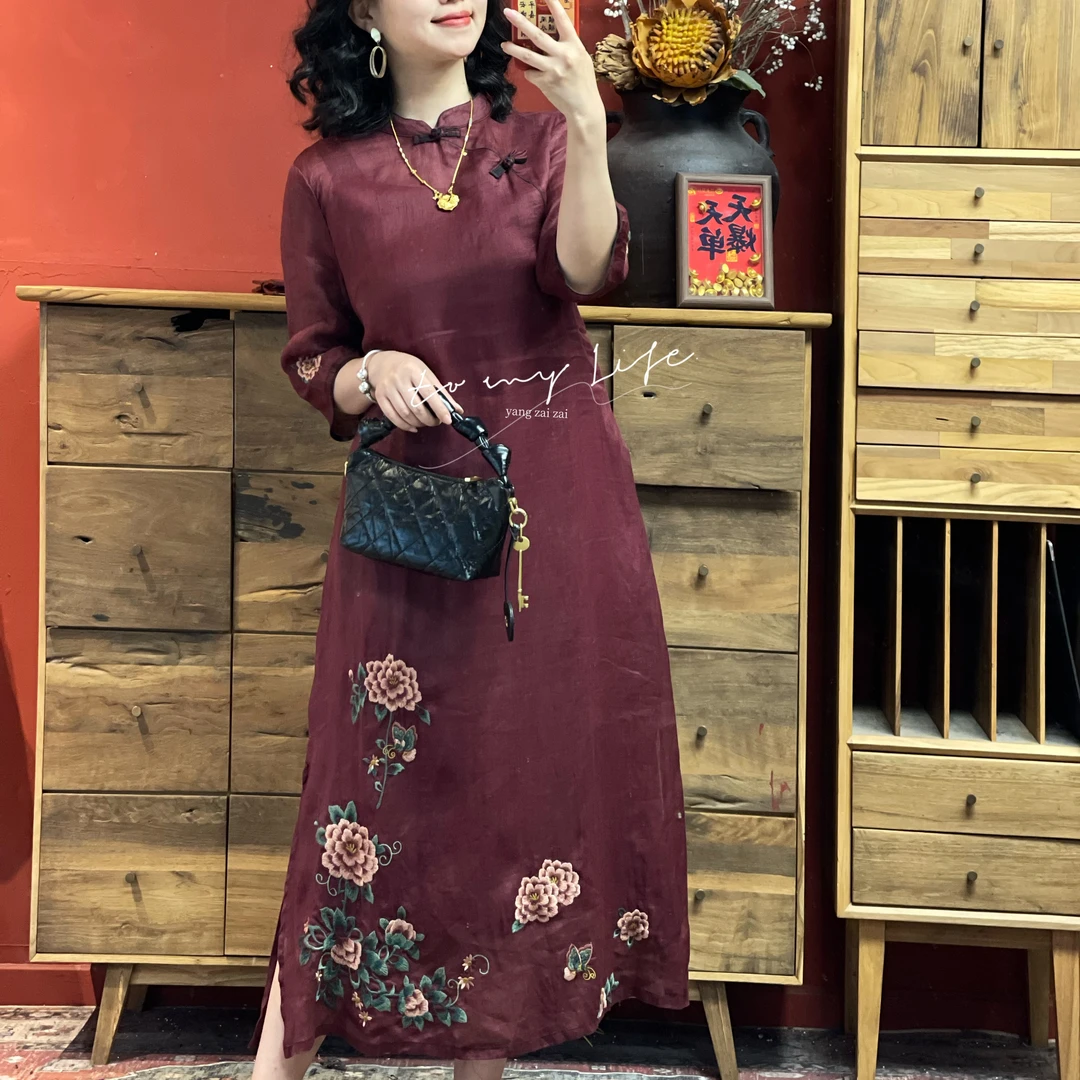 羊在在【蝶恋花丛】原创盘扣刺绣连衣裙洋气民族风女装LYQ25YL1218