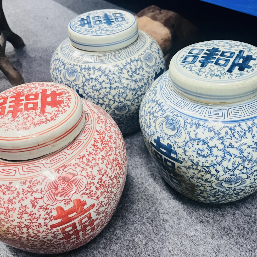 复古青花瓷喜字罐中式风格茶叶罐家居摆件