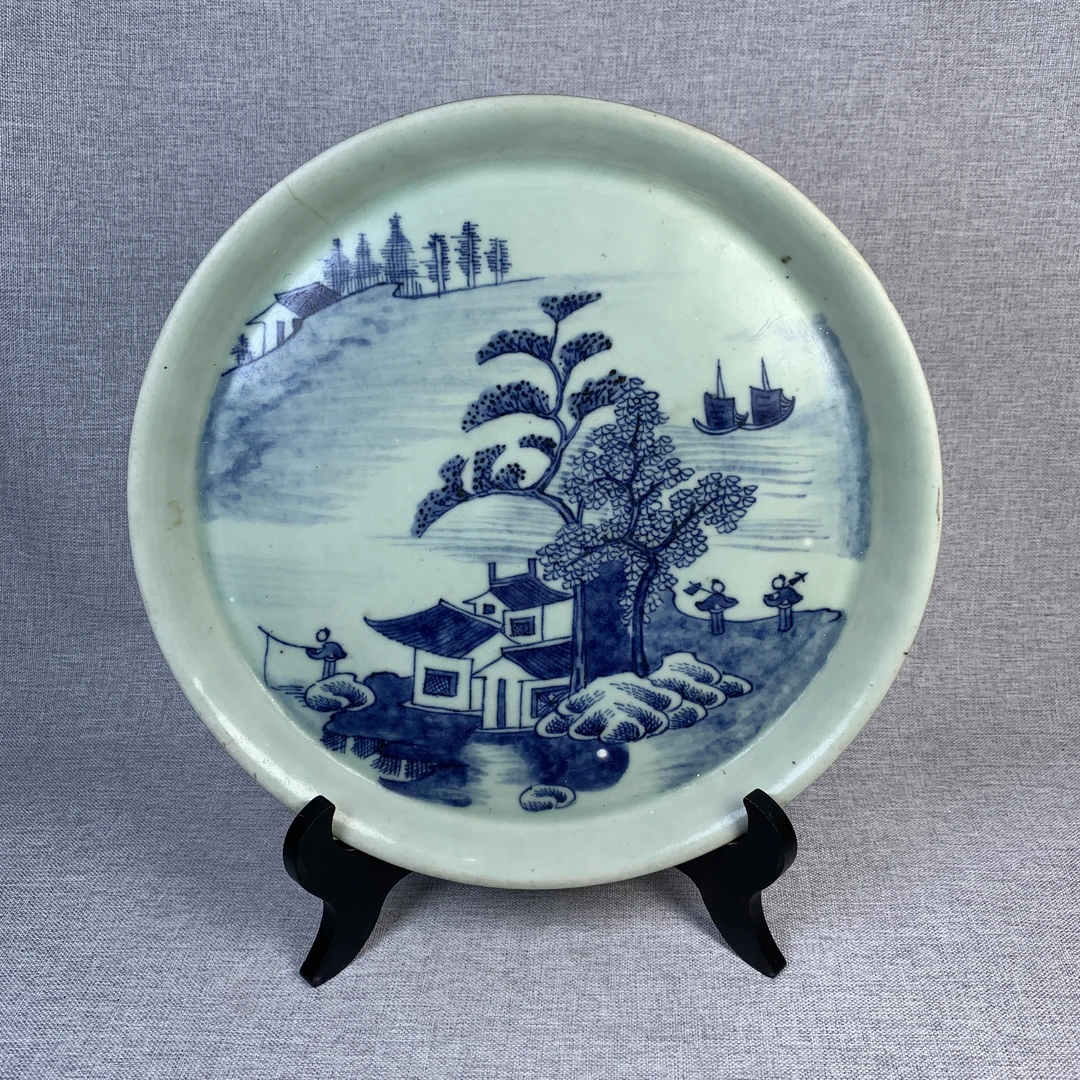 清代青花山水盘古瓷器真品国营镇江市文物商店库出5228022