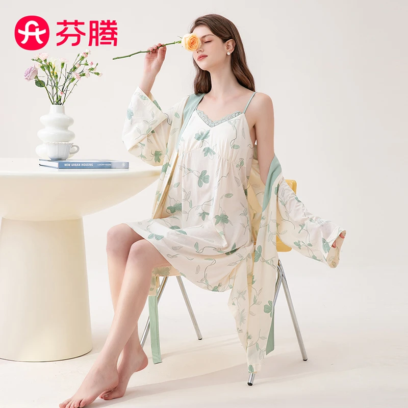 芬腾睡袍女【性感两件套】2025新品春季低领吊带袍装纯棉100%棉