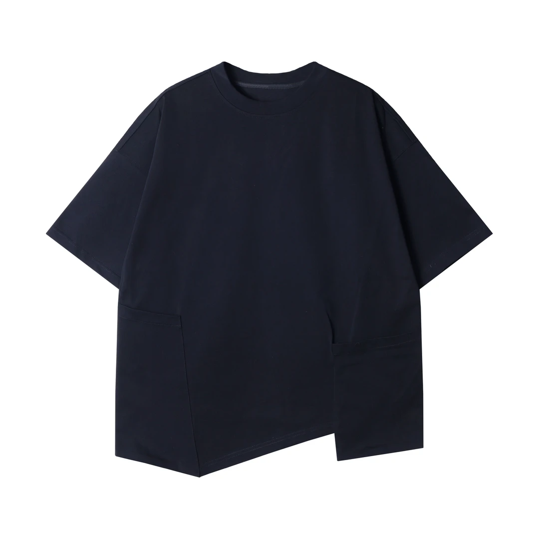 早春新款时尚个性纯色圆领不规则套头短袖T恤简约休闲套头上衣潮