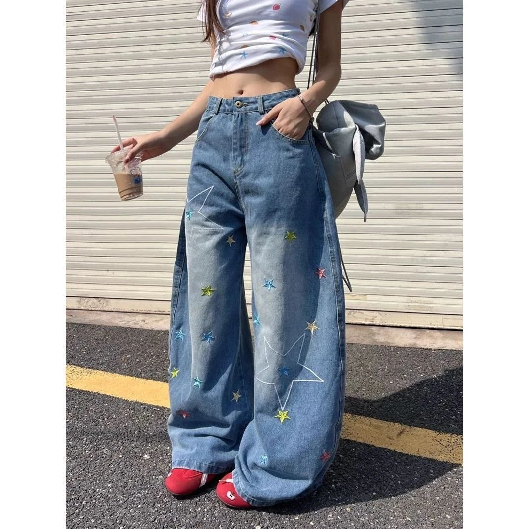 美式复古星星刺绣弯刀牛仔裤男女潮牌高街宽松百搭阔腿休闲长裤子
