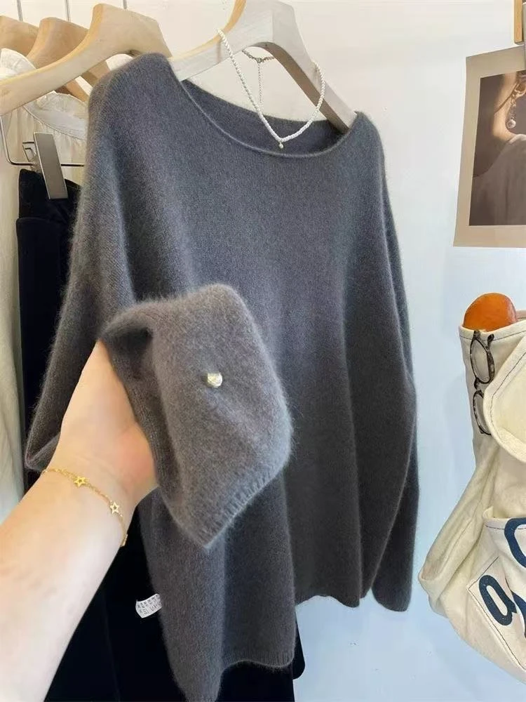 粉色小香风圆领毛衣女秋冬高级感软糯仿浣熊绒内搭打底针织衫上衣