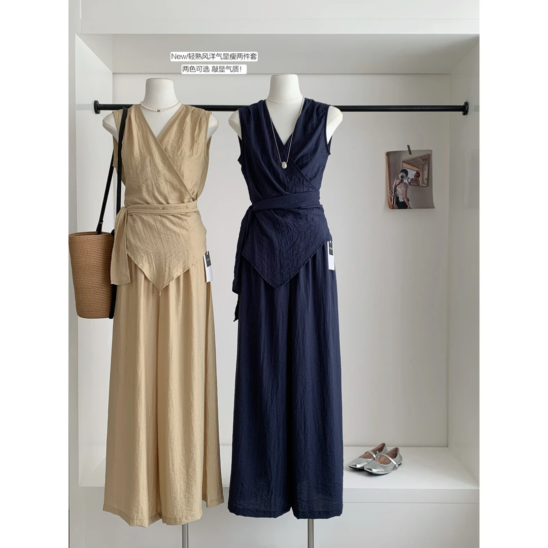 轻熟风无袖上衣高腰阔腿裤套装时尚洋气显瘦两件套长裤