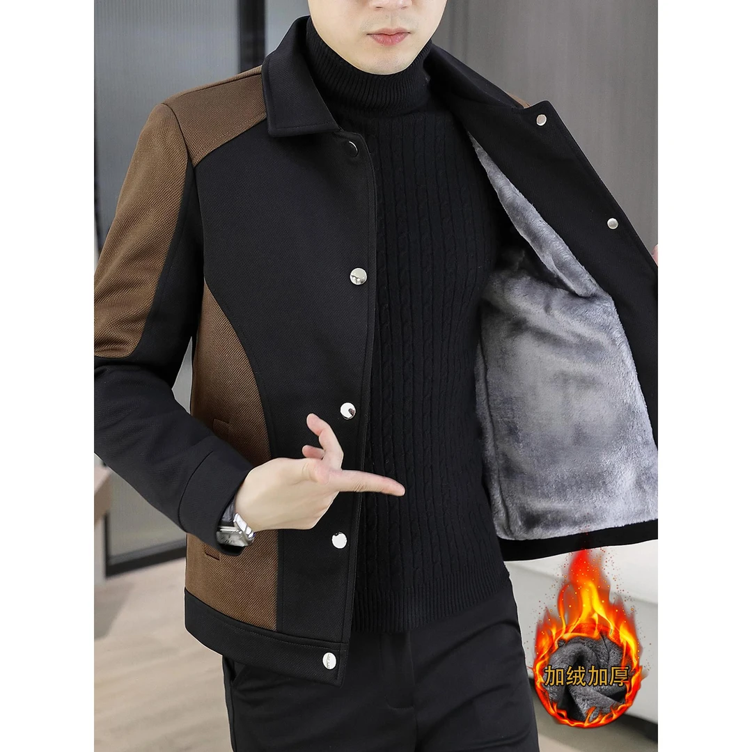 男士高级外套男款秋冬款新款潮流休闲加绒加厚拼色短款冬季夹克男