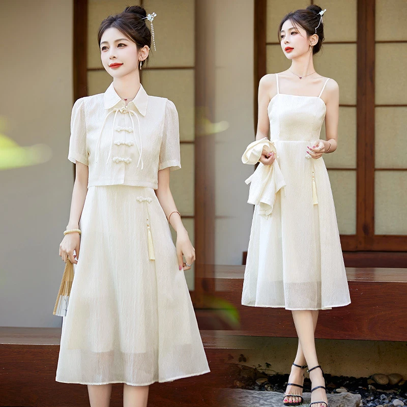 新中式国风连衣裙女2025夏新款短袖盘扣衬衫配吊带裙子汉服两件套