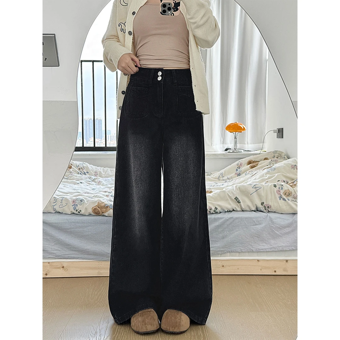 冬季黑色加绒大码高腰遮肉显瘦女牛仔裤梨型身材宽松遮胯直筒长裤