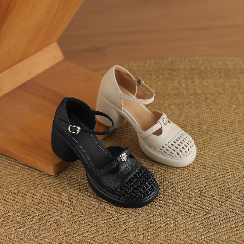 羊皮8公分/夏季真皮镂空包头凉鞋粗高跟软底百搭时尚洞洞凉鞋女