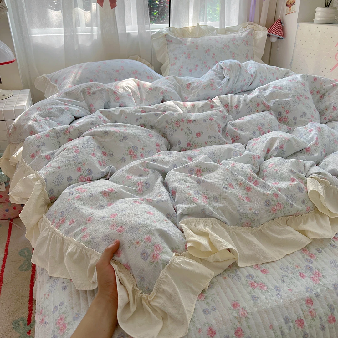 法式云感皱皱纱木棉花边款床盖四件套加厚夹棉家用可机洗床盖被套