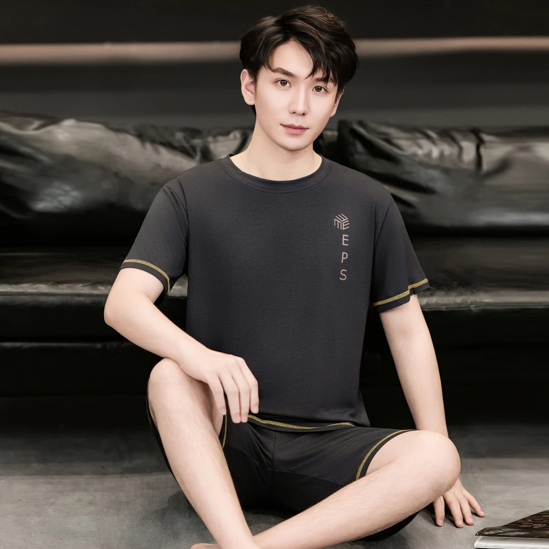 夏季莫代尔睡衣男短袖短裤可外穿圆领套头简约潮流休闲家居服套装