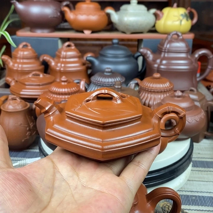 茶壶紫砂六方扁竹150cc原矿赵庄朱泥特价