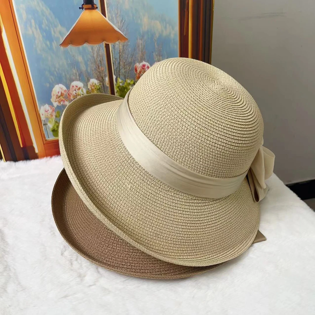 夏季女士蝴蝶结大檐渔夫帽海边度假沙滩遮阳帽草编防晒遮脸草帽子