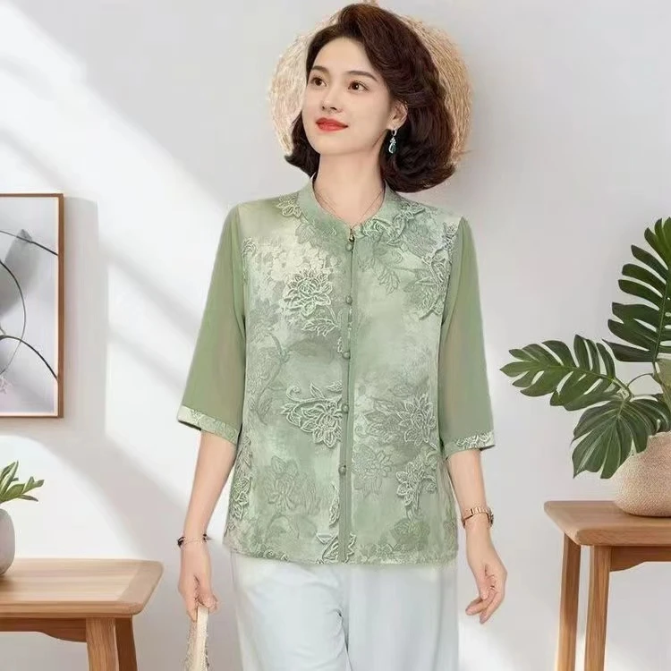 2025夏季新款时尚妈妈装洋气立领雪纺印花上衣