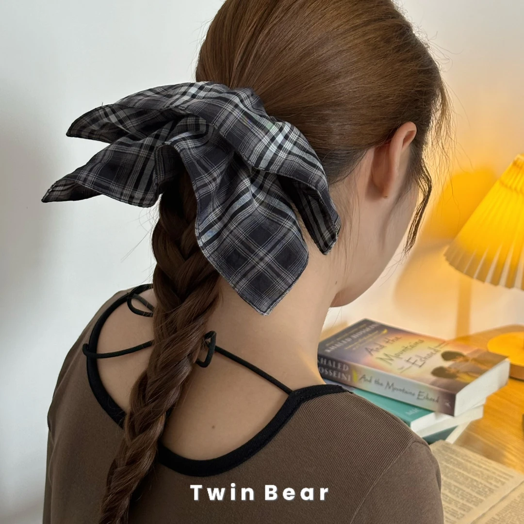 Q277 复古格纹大肠风车发圈女高级感四角方巾头绳新款扎头发发绳