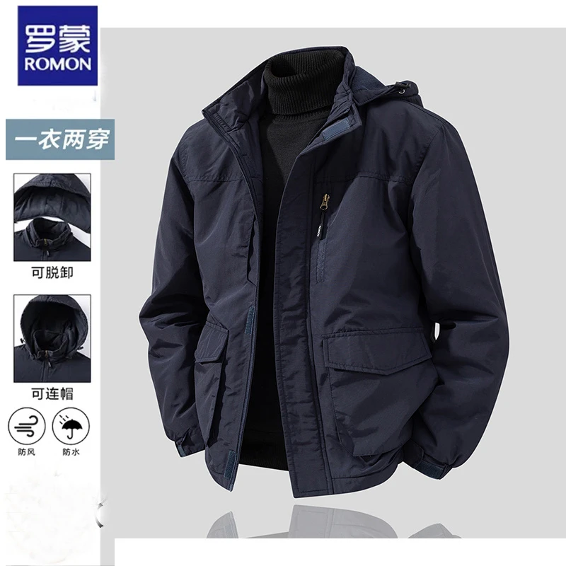 罗蒙男士夹克春秋季时尚休闲可脱卸帽户外爸爸装防水防风上衣外套