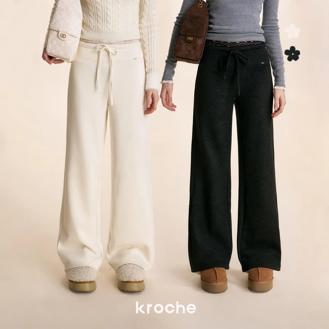 《旺旺雪宝专属》Kroche 醋酸羊毛混纺 蕾丝拼接腰头加绒直筒休闲裤