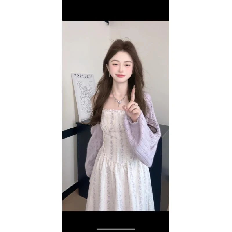 法式温柔风花边吊带连衣裙女大码新款春季外带坎肩针织衫两件套装