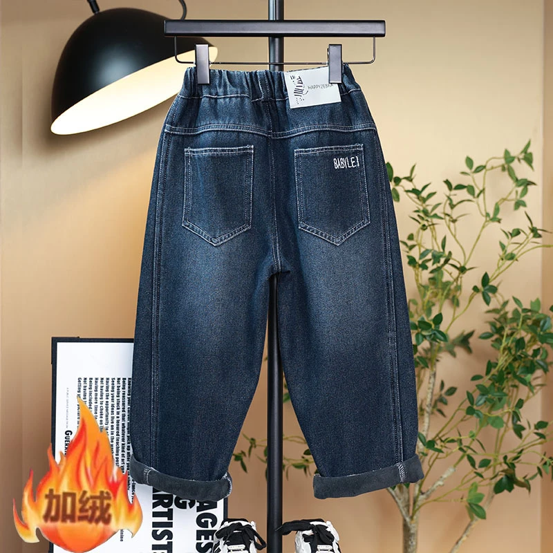 加绒加厚男童牛仔裤儿童韩版慵懒个性中大童宽松百搭潮流冬款裤子