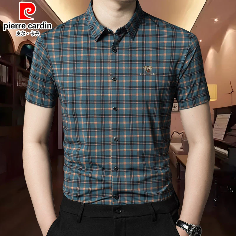 皮尔卡丹正品男士高档衬衫夏季薄款高档冰丝弹力垂感轻奢格子衬衣