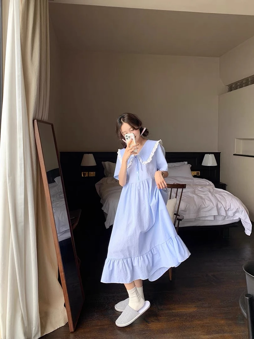 【古早甜心】夏季新款睡裙女甜美荷叶边中长款学生连衣裙睡衣可外穿