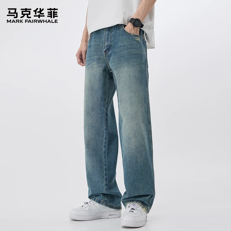 马克华菲美式复古牛仔裤男士夏季薄款宽松直筒男裤潮牌高街长裤子