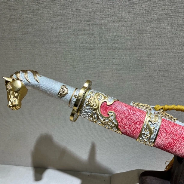 龙影刀剑-马首刀 自炼钢夹钢 鱼皮 黄铜鎏金银 未开刃