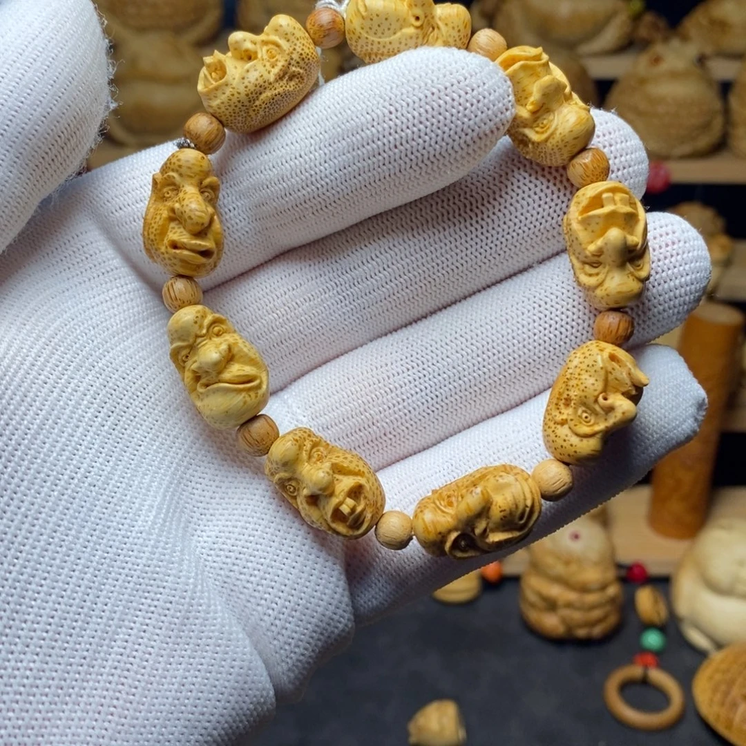 竹九颗竹根雕怪脸罗汉手串