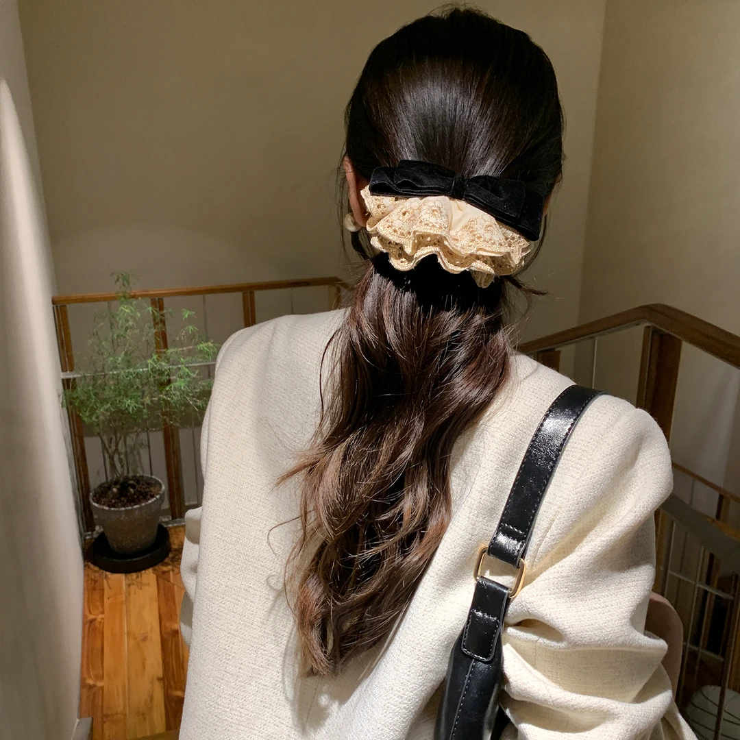 韩系丝绒蝴蝶结蕾丝边发夹女气质马尾辫弹簧夹抓夹半扎发头饰发饰