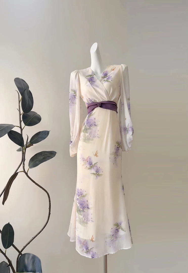 【紫梦】常规喇叭袖套头夏季显瘦连衣裙春季气质印花系带长款